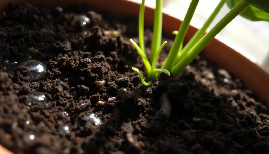 A close-up view of rich, dark soil in a potted plant, showcasing varying moisture levels. In the foreground, droplets of water can be seen glistening on the surface of the soil, mingling with fine particles and organic matter. The middle layer features healthy green roots peeking through the soil, indicating vitality. In the background, soft natural lighting filters through a nearby window, casting gentle shadows that enhance the texture of the soil. The atmosphere is tranquil and nurturing, evoking a sense of care for indoor plant cultivation. The angle is slightly above the soil, giving a clear perspective of moisture assessment, ideal for educating readers on checking soil moisture before watering. A close-up view of rich, dark soil in a potted plant, showcasing varying moisture levels. In the foreground, droplets of water can be seen glistening on the surface of the soil, mingling with fine particles and organic matter. The middle layer features healthy green roots peeking through the soil, indicating vitality. In the background, soft natural lighting filters through a nearby window, casting gentle shadows that enhance the texture of the soil. The atmosphere is tranquil and nurturing, evoking a sense of care for indoor plant cultivation. The angle is slightly above the soil, giving a clear perspective of moisture assessment, ideal for educating readers on checking soil moisture before watering.