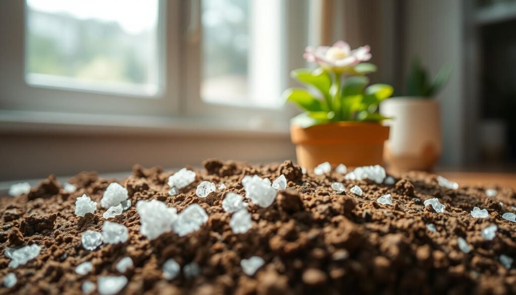 A close-up view of soil with visible salt buildup, showcasing white crystalline formations on the surface. In the foreground, focus on the granular texture of the soil, highlighting areas where fertilizer has caused a slight browning effect. The middle ground reveals a small potted indoor flower with green leaves and vibrant petals, representing health amidst the salt conditions. In the background, soft, diffused natural light filters through a window, creating a calm and educational atmosphere. Use a shallow depth of field to blur the background slightly, keeping the emphasis on the soil and flower. This image conveys a sense of concern for plant health while illustrating the impact of improper watering and fertilization techniques.