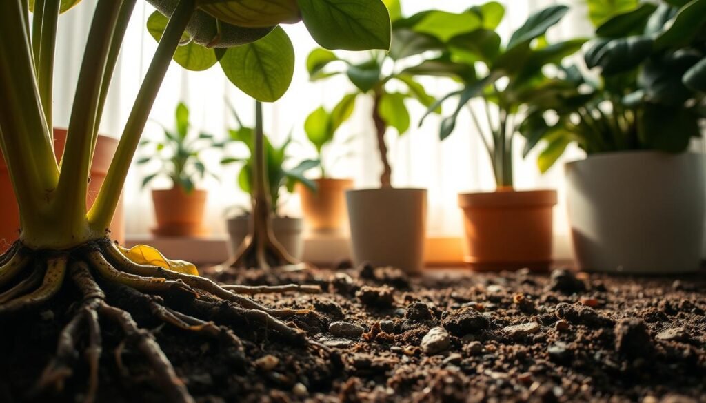A close-up view of various indoor plants exhibiting signs of root rot, focusing on the soil surface around the base of the plants. In the foreground, highlight yellowing leaves, blackened roots peering through the soil, and damp, mushy patches. In the middle ground, show potted plants of different varieties, such as a rubber plant, pothos, and fiddle leaf fig, grouped on a well-lit windowsill. The background features soft natural light filtering through sheer curtains, casting gentle shadows. Use a shallow depth of field to emphasize the plants and create a warm, slightly somber atmosphere, evoking a sense of attentiveness to indoor plant care.