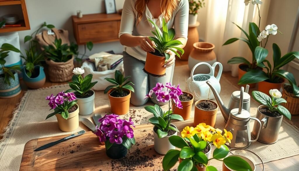 A cozy indoor scene depicting the process of repotting flowering houseplants, featuring a person in modest casual clothing kneeling on a soft, neutral-colored mat. In the foreground, vibrant potted flowering plants, such as African violets and orchids, sit on a rustic wooden table, surrounded by gardening tools like trowels, soil bags, and watering cans. The middle ground showcases the act of carefully transferring a plant from one pot to another, ensuring its roots are well-treated, with soil gently spilling around. The background includes a sunlit window with sheer curtains, casting warm, natural light that enhances the greenery. The atmosphere feels nurturing and focused, conveying the simple joy of caring for indoor plants. A cozy indoor scene depicting the process of repotting flowering houseplants, featuring a person in modest casual clothing kneeling on a soft, neutral-colored mat. In the foreground, vibrant potted flowering plants, such as African violets and orchids, sit on a rustic wooden table, surrounded by gardening tools like trowels, soil bags, and watering cans. The middle ground showcases the act of carefully transferring a plant from one pot to another, ensuring its roots are well-treated, with soil gently spilling around. The background includes a sunlit window with sheer curtains, casting warm, natural light that enhances the greenery. The atmosphere feels nurturing and focused, conveying the simple joy of caring for indoor plants.