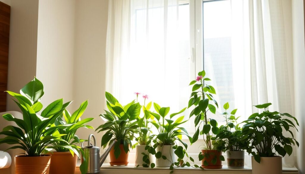 A cozy indoor scene featuring a bright north-facing window bathed in soft, diffused natural light. In the foreground, various healthy indoor plants displayed on a windowsill, showcasing vibrant greens and colorful blooms, such as a peace lily, snake plant, and pothos. The middle ground includes a comfortable, minimalistic room with warm wooden accents and light-colored walls, creating a serene atmosphere. Sunlight filters through sheer white curtains, casting gentle shadows on the floor. A small watering can and plant care tools lie beside the plants, implying a nurturing environment. The image captures a peaceful ambiance, emphasizing the subtle beauty of plant life thriving in low light conditions, with a focus on how light gently enhances their color and vitality while avoiding harsh contrast or shadows.