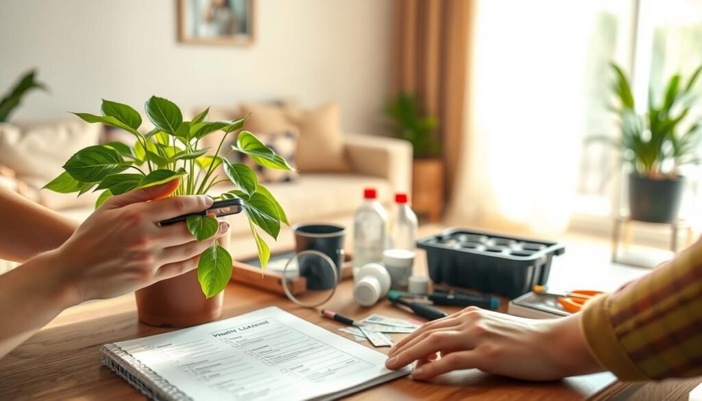 A cozy indoor scene featuring a houseplant inspection on a sunlit table. In the foreground, a pair of hands gently examining a vibrant green potted plant with glossy leaves, a small magnifying glass in one hand. A notebook and a pen are nearby, displaying a checklist for plant care. In the middle, a well-organized tabletop with various small tools such as pruners, a spray bottle, and soil testing strips, emphasizing the attention to detail. In the background, a warm, softly lit living room with a blurred view of a window, bright sunlight filtering through sheer curtains, creating a calm and inviting atmosphere. The mood reflects careful nurturing and professional care.