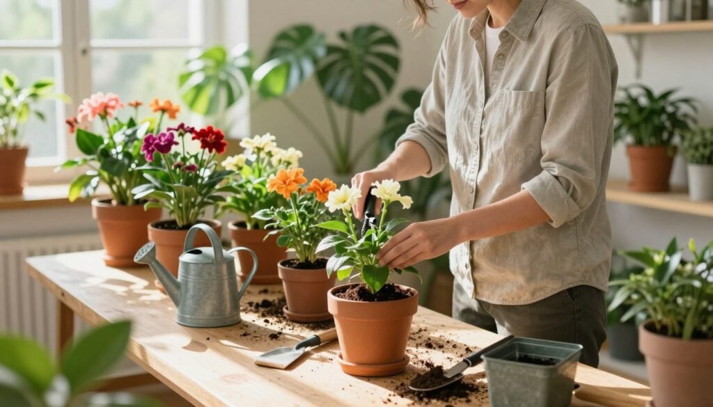 A cozy indoor scene featuring a passionate gardener maintaining an array of vibrant potted plants. In the foreground, the gardener, dressed in a simple, neat shirt and comfortable pants, is gently pruning a flowering plant. The middle ground showcases an organized table with gardening tools, soil, and various pots of colorful flowers, along with a watering can. The background reveals sunlit windows adorned with leafy greenery, casting soft shadows across the floor. Natural light floods the room, creating a warm and inviting atmosphere. The composition is framed at a slight angle, capturing both the gardener's focused expression and the lush botanical display. This scene resonates with tranquility and joy, celebrating the art of indoor plant care.