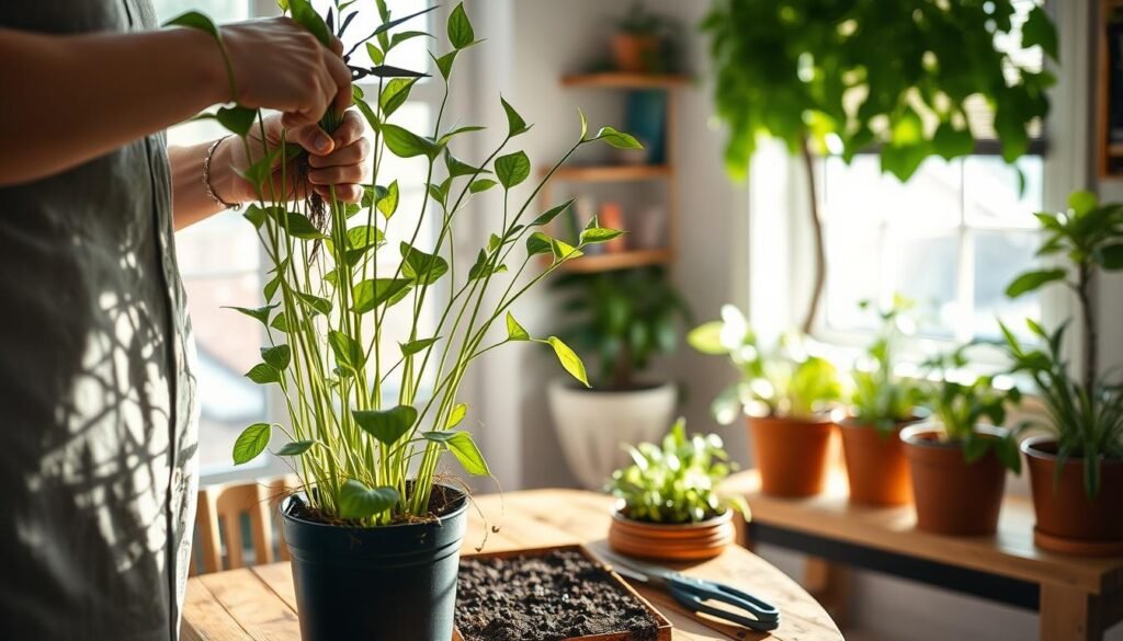 A cozy indoor setting showcasing a well-lit, homey atmosphere filled with potted houseplants. In the foreground, a person in modest casual clothing carefully prunes a leggy houseplant using sharp shears, focusing on encouraging bushier new growth. The plant is vibrant green with elongated stems, showcasing its need for care. In the middle, a wooden table covered with soil and pruning tools complements the scene. Lush, healthy foliage emerges from several other pots in the background, hinting at the thriving indoor garden. Soft natural light filters through a window, creating gentle shadows that highlight the textures of the plants and the soil. The overall mood is serene and nurturing, embodying the joy of plant care and the importance of pruning for healthy growth.