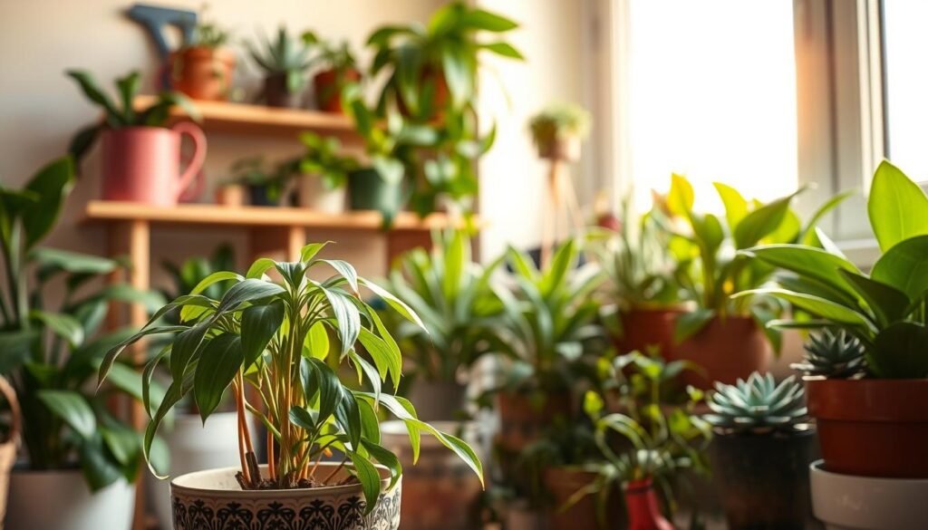 A cozy indoor space filled with vibrant, healthy houseplants in various sizes and shapes. In the foreground, a drooping houseplant sits in a decorative pot, its leaves wilted slightly, suggesting it needs care. In the middle ground, several other flourishing houseplants, such as spider plants and succulents, bask in warm, natural light filtering through a nearby window. The background features soft, neutral-colored walls and a sunlit shelf adorned with gardening tools and a watering can. The atmosphere is calm and inviting, conveying a sense of rejuvenation and care. The image is shot from a slight angle, providing depth, with a soft focus on the background for clarity on the foreground plants.