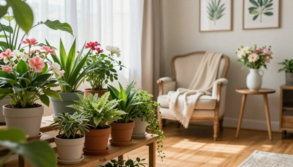 A cozy living room filled with vibrant indoor plants arranged in creative displays. In the foreground, a wooden shelf brims with various flowering plants in colorful pots, showcasing pink and white blooms. Bright green foliage spills over the edges, adding a lush feel. The middle ground features a stylish, vintage armchair draped with a soft throw, next to a small side table with an elegant vase holding fresh cut flowers. In the background, soft light filters through sheer curtains, illuminating warm wooden floors and a serene wall adorned with framed botanical art. The overall mood is inviting and tranquil, suggesting a budget-friendly yet stylish transformation for any home. The scene should be shot with a soft-focus lens to enhance the cozy atmosphere, capturing the beauty of a plant-filled interior.