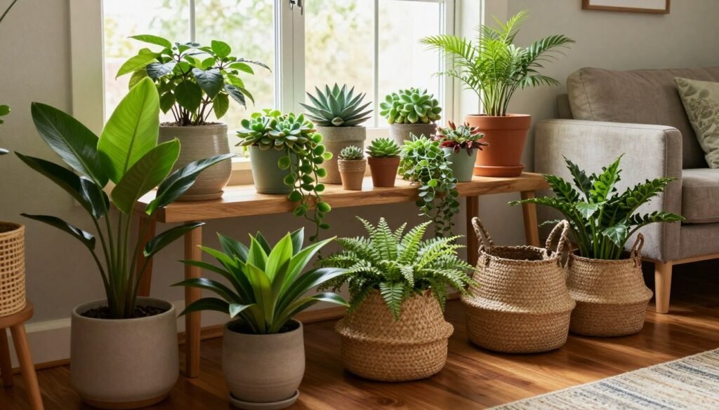 A cozy, well-lit living room decorated with various groupings of indoor plants, showcasing an eclectic mix of styles and sizes. In the foreground, a vibrant arrangement of leafy green plants in modern ceramic pots and textured woven baskets. The middle layer features a stylish wooden shelf adorned with succulents and small flowering plants, elegantly cascading over the edges. In the background, a large window allows warm, natural light to flood the space, highlighting the rich tones of the wooden floor and soft fabric furniture. The mood is inviting and harmonious, perfect for enhancing home decor. The composition emphasizes depth, using a slightly tilted angle to capture the layers of plant groupings.