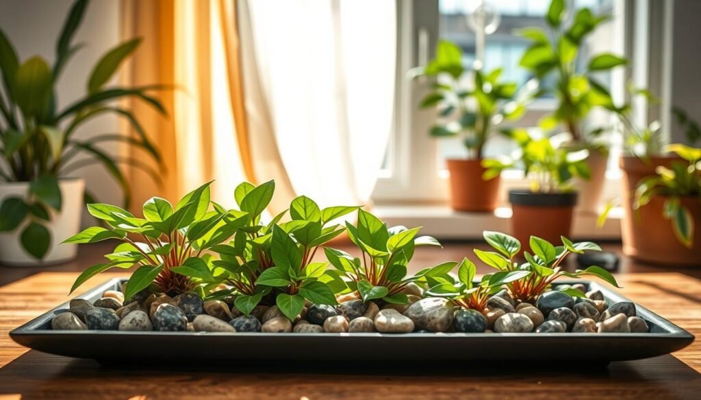 A decorative pebble tray set up for indoor houseplants, positioned on a beautifully arranged tabletop near a sunlit window. In the foreground, lush green plants are placed strategically on the pebble tray, showcasing their vibrant leaves, which are lush but free from any sign of leaf burn. The textured pebbles vary in size and color, glistening slightly from the humidity, creating an inviting atmosphere. The middle ground features a flowing, sheer curtain gently diffusing the sunlight, casting soft shadows across the scene. The background includes potted plants on the windowsill, creating a sense of abundance and tranquility. The overall mood is calming and refreshing, with bright, natural light enhancing the serene indoor environment. The focus is sharp, capturing the details of the pebbles and plants beautifully, with a shallow depth of field.