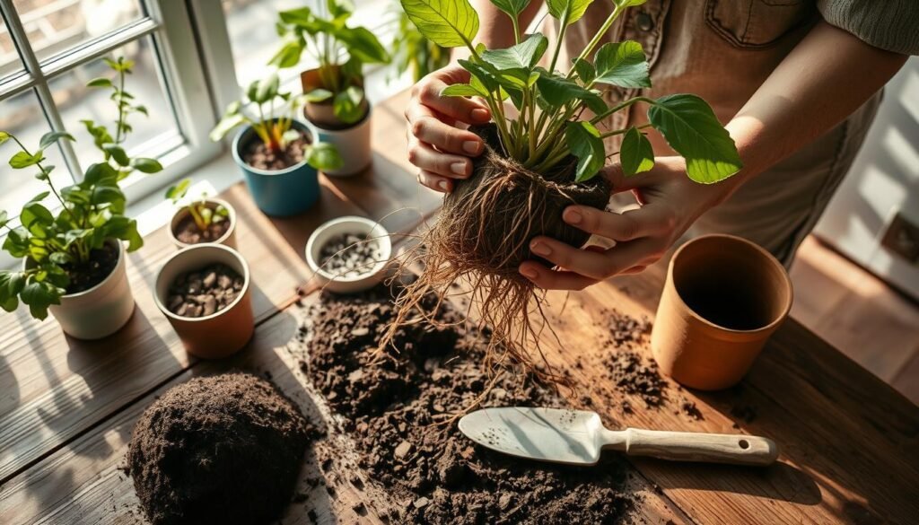 A detailed scene depicting a hands-on repotting process to save a plant affected by root rot. In the foreground, a person in modest casual clothing is carefully removing a wilted plant from a pot, revealing tangled and decayed roots, highlighted under soft, natural light. The middle layer features a variety of potting materials—fresh soil, a new clean pot, and a small spade—arranged neatly on a rustic wooden table. In the background, a sunlit window casts gentle shadows, showing healthy indoor plants thriving, establishing an atmosphere of hope and renewal. The overall mood is calm and nurturing, reflecting the care taken to revive the struggling plant. The angle is slightly overhead, focusing on the action while maintaining clarity in details.