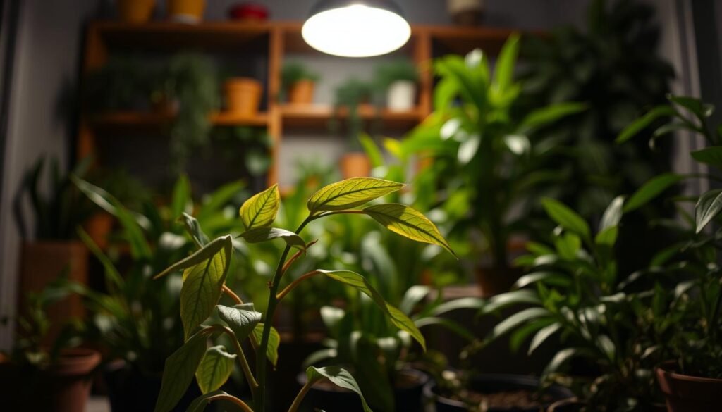 A dimly lit indoor space showcasing a variety of potted plants, with a focus on one distressed houseplant in the foreground. The leaves are wilted and yellowing, subtly illuminated by a single soft light source casting gentle shadows, emphasizing its need for care. In the middle ground, various other plants appear lush and healthy, contrasting the struggling plant. The background features a cozy interior with warm wooden shelves and muted colors to enhance the somber mood, evoking a feeling of concern for plant wellbeing. The lens captures the scene with a shallow depth of field, creating a soft bokeh effect around the healthy plants, directing the viewer's attention to the central subject's plight. The atmosphere is reflective, highlighting the quieter moments of indoor gardening.