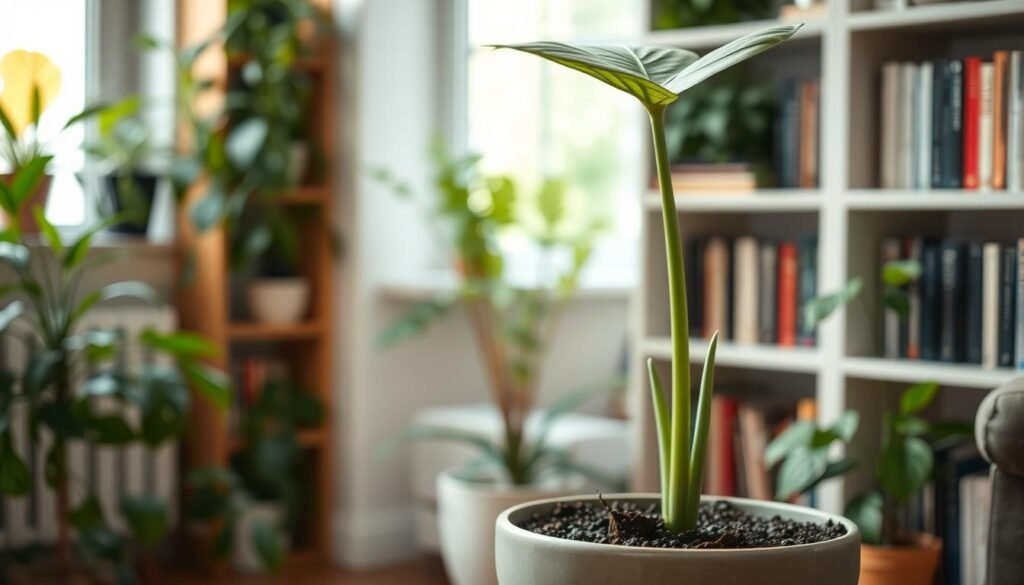 A leggy indoor plant, like a tall and slender Monstera, stands in a stylish flower pot with rich, dark soil. The plant's elongated stems reach upwards, showcasing sparse leaves at the top, creating a sense of height and vulnerability. In the background, softly blurred bookshelves filled with greenery to convey a cozy home atmosphere. Natural light filters through a nearby window, casting gentle shadows and highlighting the plant's veins. The scene is captured at a 45-degree angle to emphasize the leggy structure, with a shallow depth of field that focuses on the plant while softly blurring the background. The overall mood is serene, inviting consideration for optimal plant care and indoor gardening aesthetics.