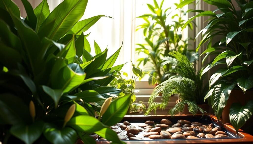 A lush arrangement of indoor plants thriving in a well-lit, south-facing window. In the foreground, display an assortment of tropical plants like peace lilies and ferns, their vibrant green leaves glossy and healthy. Incorporate a pebble tray filled with water under the plants, showcasing the moisture-adding method. In the middle ground, a gentle cascade of sunlight filters through sheer curtains, casting soft shadows and creating a warm, inviting atmosphere. The background features a soft-focus of more leafy plants, adding depth and texture. The scene should evoke a calm, nurturing vibe, emphasizing the importance of humidity for plant health. Use natural, warm lighting to enhance the freshness and vitality of this indoor garden space.