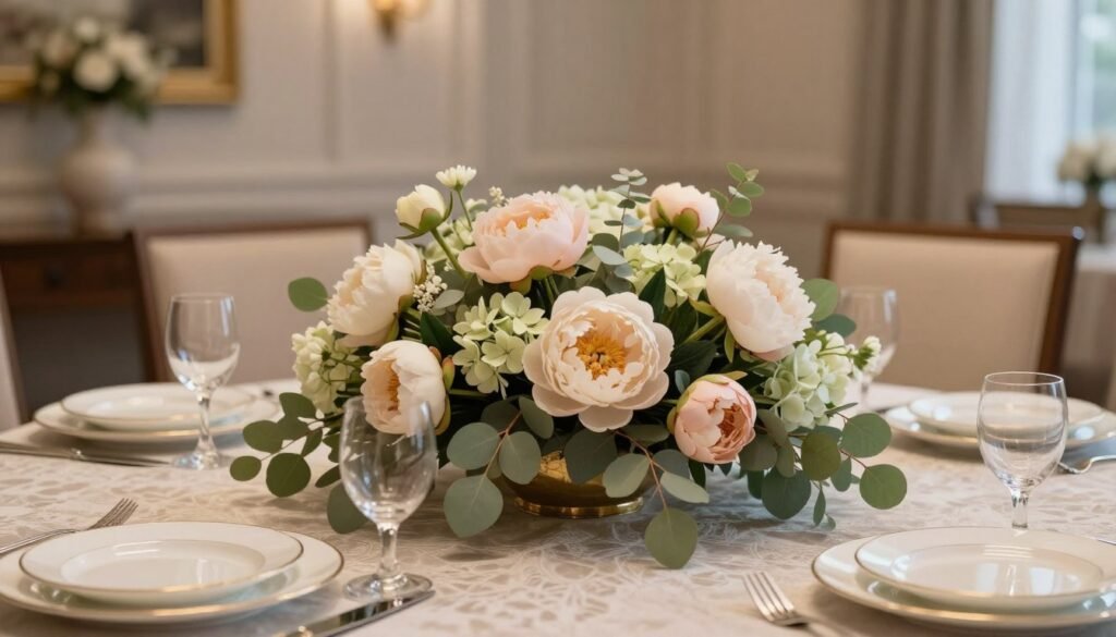 A luxurious dining table elegantly styled with a faux floral arrangement as the centerpiece. The arrangement features a mix of realistic peonies, hydrangeas, and eucalyptus in soft, muted tones of blush, cream, and green, creating a sophisticated look. Layered dishes in fine china surround the centerpiece, set on a richly textured tablecloth. In the background, a softly lit dining room with neutral walls, ambient lighting, and tasteful decor enhances the atmosphere. The image is captured from a slightly elevated angle to showcase the arrangement's height and detail, with soft, diffused lighting to evoke a warm, inviting mood. The scene is sophisticated and tranquil, perfect for an elegant indoor setting.