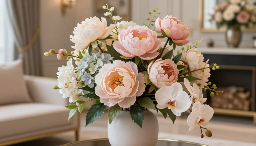 A luxurious faux floral arrangement elegantly displayed in a modern, minimalist vase. The foreground features lush, intricately crafted artificial blossoms in a harmonious palette of soft pastels, including peonies, hydrangeas, and delicate orchids. Each flower highlights exquisite craftsmanship with realistic textures and details, such as soft petals and lifelike leaves. In the middle, the arrangement is surrounded by greenery, providing a rich contrast, while a subtle sheen on the petals captures the ambient light. The background consists of a softly blurred, tastefully decorated interior, incorporating elegant furnishings and a warm color scheme, enhancing the sophisticated atmosphere. The image is bathed in natural light, creating soft shadows and highlights to evoke a sense of tranquility and opulence.