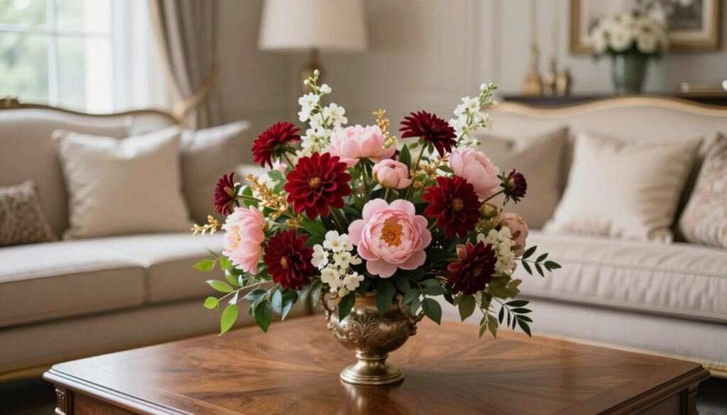 A luxurious living room featuring an elegant faux floral arrangement in an ornate vase, positioned prominently on a polished wooden coffee table. The arrangement includes rich hues of deep red dahlias, soft pink peonies, and delicate white hydrangeas, interspersed with lush greenery and golden accents for a touch of glamour. In the background, a refined sofa adorned with plush cushions complements the décor, while large windows invite soft, natural light to illuminate the space, creating a warm and inviting atmosphere. The room exudes a sophisticated mood, perfect for enhancing living room aesthetics. The scene is captured from a slightly elevated angle, using a soft focus lens to highlight the floral details while maintaining the cozy elegance of the setting.