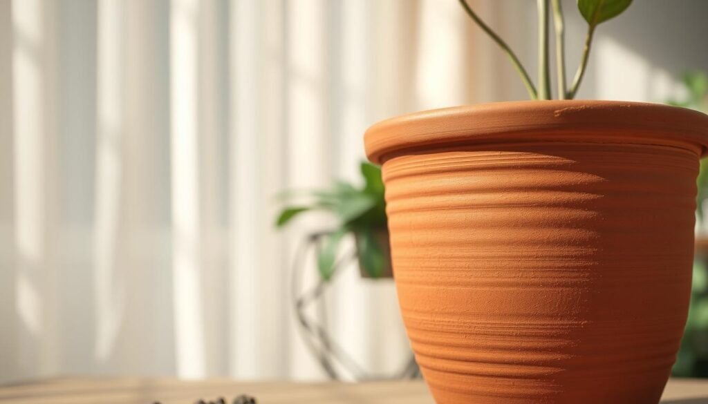 A richly textured terracotta pot positioned prominently in the foreground, showcasing its earthy reddish-brown color and detailed grooves. The pot is partially filled with nutrient-rich soil, hinting at healthy roots, while a few small pebbles are scattered on the surface to enhance drainage. In the middle ground, a soft-focus background reveals a light, airy indoor environment with gentle sunlight filtering through a sheer curtain, casting warm, inviting shadows. The angle is slightly elevated, allowing a clear view of the pot's rim and the delicate lip that helps prevent overwatering. The overall mood is serene and nurturing, emphasizing the importance of proper materials for plant care. The image should be warm and inviting, with a natural depth of field to highlight the pot while keeping the background softly blurred.