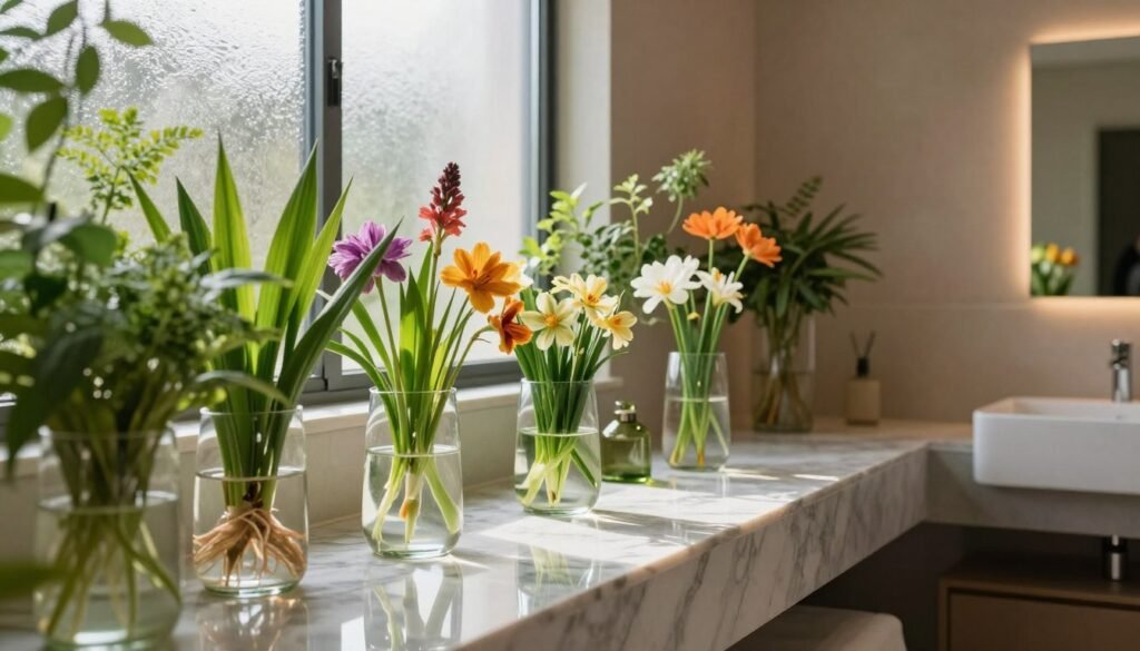 A serene bathroom interior featuring a stylish hydroponics system displaying vibrant aquatic flowers. In the foreground, lush green plants with colorful blossoms unfurl in elegant glass vases, their roots submerged in clear water. The middle ground showcases smooth marble countertops reflecting the natural light streaming in from a frosted window, enhancing the fresh, tranquil atmosphere. In the background, soothing earthy tones of the walls complement the floral display, creating a calming ambiance. Soft, diffused lighting illuminates the scene, casting gentle shadows that add depth. The composition uses a wide-angle lens to encapsulate the inviting space, evoking a sense of relaxation and botanical beauty in a modern bathroom setting.