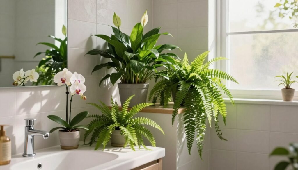A serene bathroom setting featuring a variety of indoor plants that thrive in humidity. In the foreground, an elegant vanity adorned with a small potted orchid and a lush fern. The middle section showcases a vibrant peace lily and a trailing pothos cascading down a sleek shelf, enhancing the space with greenery. The background includes soft natural light streaming through a frosted window, illuminating the room with a warm glow, while textured tiles and high-quality fixtures add a modern touch. The ambiance is calming, promoting relaxation, with shades of green and white creating a fresh and inviting atmosphere. Focus on depth, capturing the health and vitality of the plants in this tranquil bathroom space.