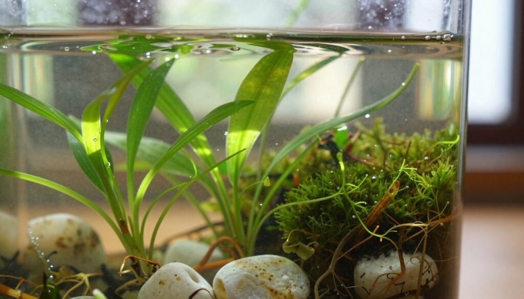 A serene close-up shot of water submersion plants elegantly arranged in a clear glass vase. In the foreground, delicate green tendrils of aquatic plants gracefully float just beneath the water's surface, their leaves reflecting light. In the middle ground, the vase features small white rocks and vibrant moss for added texture, while the glass reveals air bubbles trapped among the roots, enhancing the submerged look. The background showcases a softly blurred indoor setting with natural light streaming through a window, creating a warm, inviting atmosphere. The overall mood is calm and tranquil, emphasizing the beauty of nature within an indoor floral display. The composition should be captured with a macro lens to highlight intricate details and colors, while maintaining sharp focus on the plants and soft bokeh in the background.