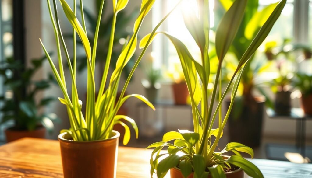 A serene indoor environment featuring a flourishing houseplant with elongated stems reaching towards a bright sunlight source, creating soft, natural highlights on the foliage. In the foreground, a vibrant green potted plant is set against a textured wooden tabletop, with a slight tilt to showcase its upward growth. The middle ground should depict the plant's lush, glossy leaves reflecting a golden hue from the warm sunlight streaming in through a window. In the background, soft bokeh captures hints of other houseplants and sunlight-drenched walls, bathing the scene in a cheerful, inviting atmosphere. The overall mood conveys vitality and growth, emphasizing the essence of light in nurturing plant life.