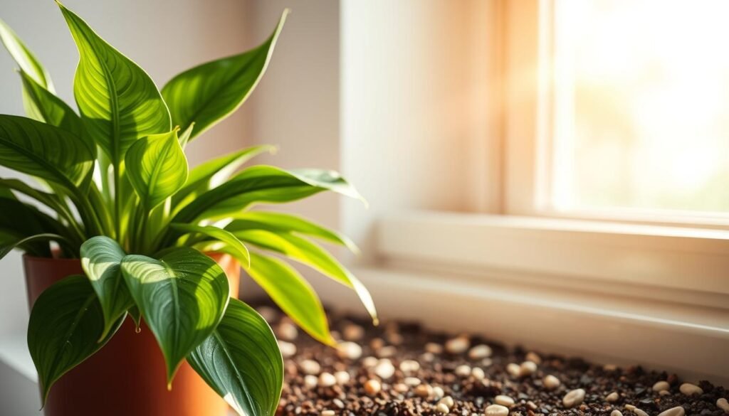 A serene indoor scene depicting a flourishing potted plant, like a peace lily or spider plant, sitting on a well-lit windowsill. In the foreground, vibrant green leaves glisten slightly as if recently misted with water, illustrating proper moisture levels. The middle ground features a calcium-rich soil surface, meticulously arranged to prevent excess water accumulation, with small pebbles to aid drainage. In the background, a soft-focus window reveals gentle sunlight pouring in, casting warm, diffuse light and creating a relaxing atmosphere. The entire composition conveys a sense of calm and care, emphasizing the importance of moisture control in preventing mold growth without stressing the plant. The image captures an inviting indoor environment, reflecting healthy plant life and proper care practices.