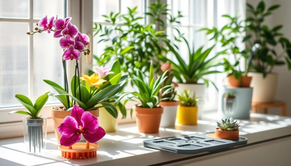 A serene indoor scene featuring a variety of vibrant indoor flowers, such as orchids, peace lilies, and succulents, arranged elegantly on a sunlit windowsill. In the foreground, showcase a travel-proof watering system, such as self-watering spikes and moisture-retaining pots, highlighting their functionality and design. The middle ground should demonstrate small drainage trays collecting excess water, ensuring an organized and tidy look. The background features a softly illuminated room decorated with lush greenery, emphasizing a calm and peaceful atmosphere. Natural light filters through sheer curtains, casting gentle shadows. The overall mood should evoke a sense of tranquility and care, perfect for maintaining plant health while away.
