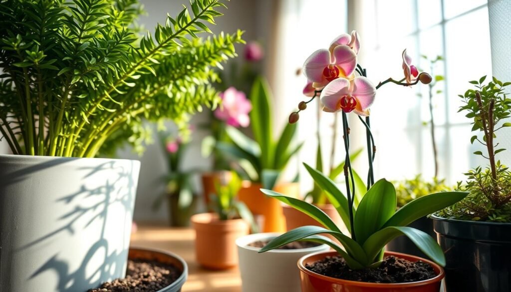 A serene indoor setting featuring a variety of healthy indoor plants thriving in flower pots. In the foreground, focus on a lush green potted fern and a vibrant blooming orchid, showcasing their rich textures and colors. The middle ground should include lightly mottled soil, indicating healthy growth, while a soft, blurred focus on additional pots with compact foliage adds depth. The background reveals a bright window allowing soft, diffused sunlight to filter through sheer curtains, casting gentle shadows and illuminating the plants. The atmosphere is calm and inviting, with a sense of tranquility, ideal for nurturing plant life. Use a bright color palette, emphasizing greens and natural hues, with a wide-angle lens to capture the entire scene in a warm, balanced light.