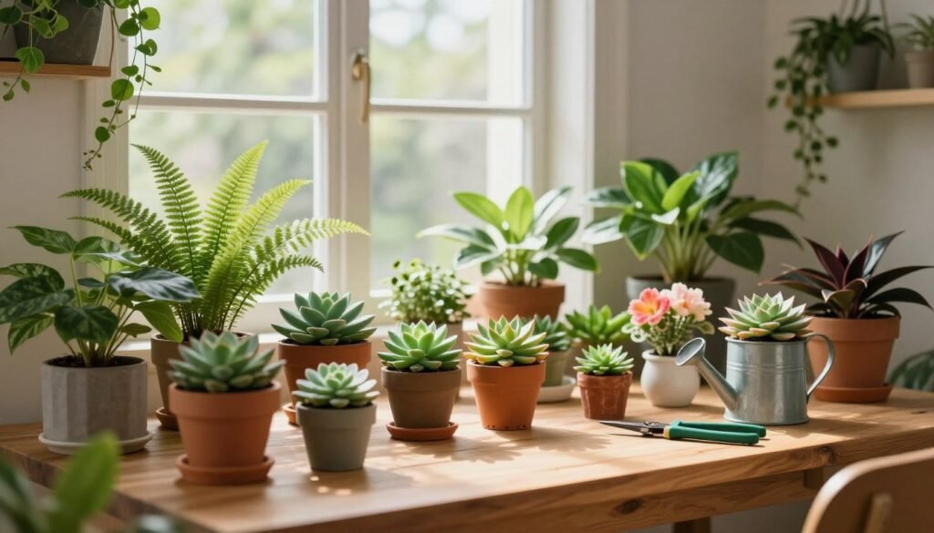 A serene indoor setting showcasing a vibrant display of various houseplants and flowers, emphasizing the theme of "Getting Started with Your Indoor Greenery." In the foreground, a stylish wooden table is adorned with potted succulents, ferns, and colorful flowering plants, showcasing different textures and leaf shapes. In the middle, natural light filters through a large window, casting soft shadows and creating a warm, inviting atmosphere. A few gardening tools, such as a small watering can and pruners, are casually placed on the table. The background features light, neutral-colored walls adorned with hanging plants, enhancing the greenery. The scene is captured with a shallow depth of field to emphasize the plants in focus, creating a calming, cheerful mood perfect for indoor gardening enthusiasts.