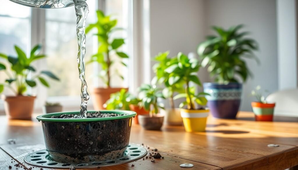 A serene leaching plant scene showcasing a variety of potted plants arranged on a wooden table in a well-lit indoor environment. In the foreground, clear water is being poured over a vibrant pot of soil, with moisture visibly trickling through the drainage holes, capturing the process of flushing salts. The middle ground features several healthy green plants in colorful ceramic pots, emphasizing their lush foliage. In the background, softened light filters through a large window, casting gentle shadows and highlighting the rich textures of the soil and plants. The atmosphere is tranquil, with an emphasis on nurturing growth and vitality. Ideal lighting to create a clean, fresh look, resembling a bright afternoon.