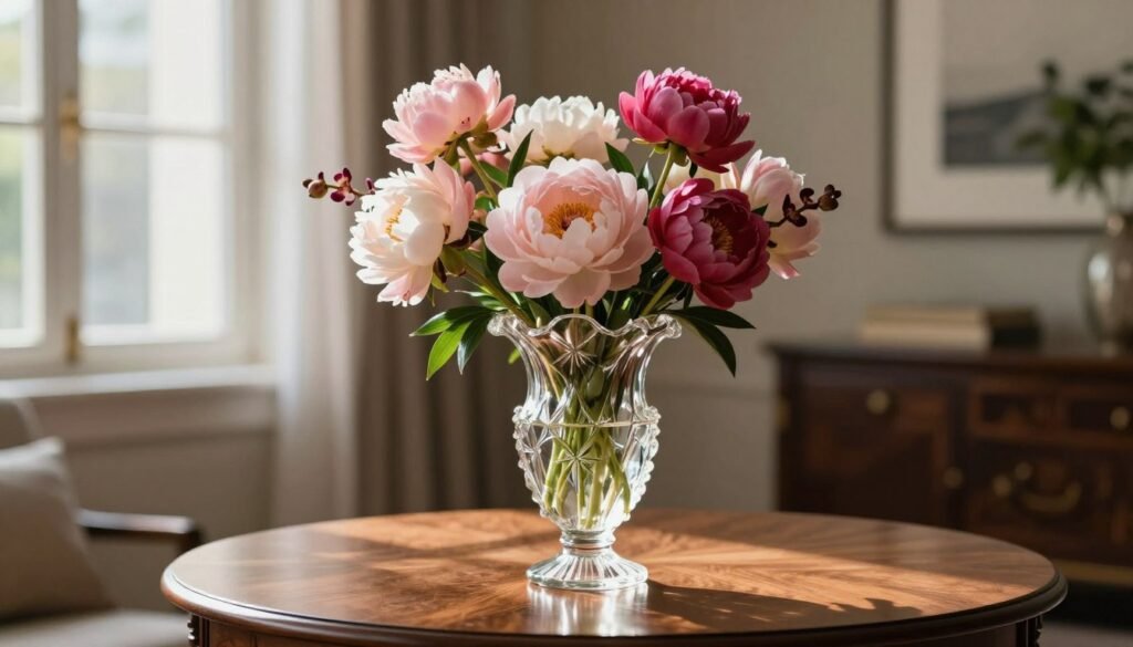 A stunning glass vase showcasing intricate craftsmanship, placed elegantly on a polished mahogany table. The vase is filled with an assortment of delicate, colorful flowers such as peonies and orchids, their vibrant petals vividly contrasting with the transparent glass. Soft, diffused natural light cascades in from a nearby window, creating gentle reflections and subtle shadows that enhance the vase's contours. In the background, a tastefully decorated living space featuring elegant decor elements like a minimalist art piece and greenery subtly hints at luxury and sophistication. The atmosphere is serene and inviting, perfect for showcasing a curated selection of beautiful floral displays. Shot with a shallow depth of field, the focus is on the vase, drawing attention to its beauty while softening the background details.