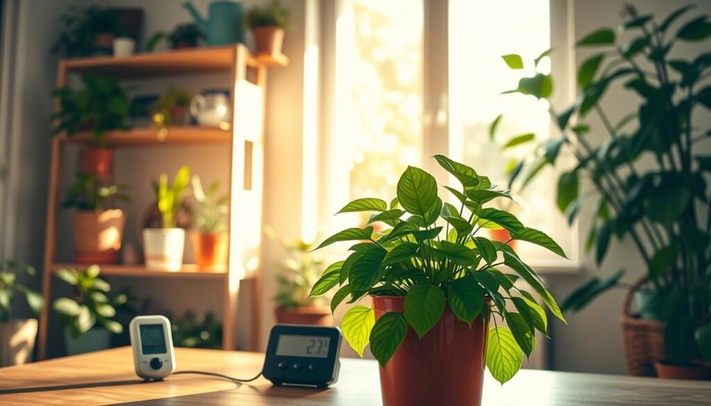 A tranquil indoor setting focused on a corner of a sunlit room showcasing a variety of houseplants. In the foreground, a vibrant potted plant with lush green leaves sits on a wooden table, alongside a digital thermometer and a moisture meter indicating room temperature and soil moisture levels. The middle ground features a well-organized shelf with various gardening tools and a watering can, hinting at recent maintenance adjustments. In the background, a window allows warm, natural light to flood the space, casting soft shadows that enhance the serene atmosphere. The overall mood is peaceful and informative, with emphasis on the importance of environmental conditions for plant health. Aim for a soft focus with a slight vignette effect to draw attention to the plants and tools.