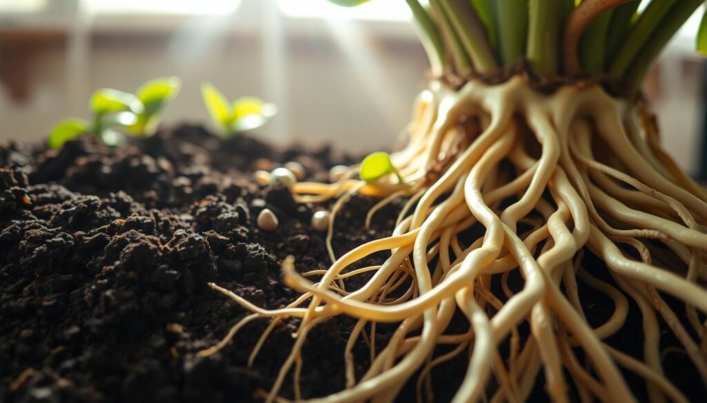 A vibrant close-up image showcasing healthy plant roots, intricately entwined within rich, dark soil. The foreground features robust, creamy-white roots with a slight sheen, displaying their vitality. Light filters gently from above, casting soft shadows that emphasize the texture of both roots and soil. In the middle ground, hints of green leaf tips are peeking through, indicating the plant’s lush growth, while a few small pebbles are scattered throughout the soil. The background is softly blurred, suggesting a bright indoor environment with hints of sunlight streaming in, creating a warm, inviting atmosphere that reflects a sense of nurturing and care. The overall mood is calm and reassuring, illustrating the importance of observing healthy roots as part of plant maintenance.