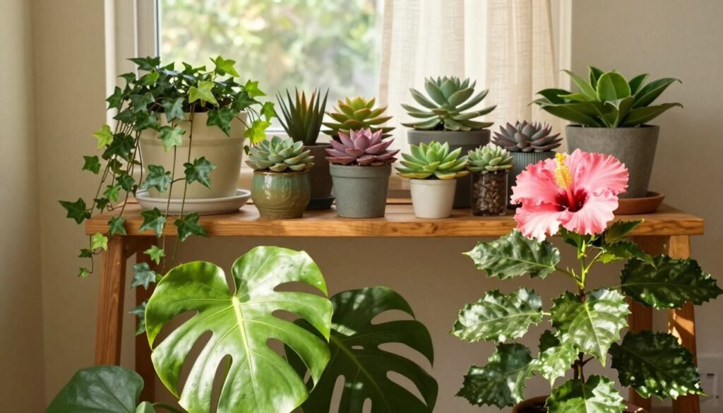 A vibrant indoor scene showcasing a variety of potted plants creatively arranged for maximum visual impact. In the foreground, a bright green monstera and a flowering hibiscus add a splash of color, their leaves casting intricate shadows. The middle ground features an elegant wooden shelf displaying cascading ivy and a colorful array of succulents in diverse sizes and textures. In the background, a sunny window filters soft, warm light, illuminating a sheer curtain that creates a gentle atmosphere. The room is styled with earthy tones and natural materials, evoking a calm, inviting vibe. The image captures a cozy, stylish corner of a home, emphasizing creative plant placement to enhance interior décor.
