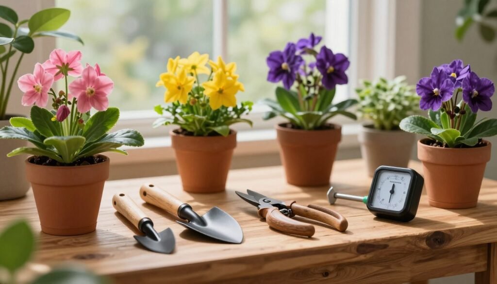 A well-organized workspace featuring essential plant tools for indoor gardening. In the foreground, a wooden potting bench displays neatly arranged tools: a trowel, pruning shears, a mister, and a soil moisture meter, all with a rustic finish. In the middle ground, potted indoor flowers in various stages of blooming, showcasing vibrant colors like pink, yellow, and deep purple, create a cheerful ambiance. The background features soft, diffused natural light filtering through a nearby window, illuminating the scene and casting gentle shadows. The overall mood is warm and inviting, suggesting a productive yet relaxing atmosphere for indoor gardening enthusiasts, emphasizing the tools and techniques for achieving professional results in flower displays.