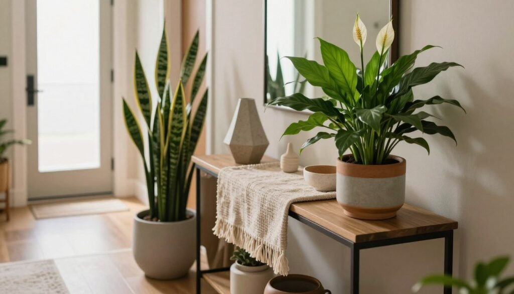 An inviting entryway featuring a beautifully arranged display of indoor plants. In the foreground, showcase a tall, elegant snake plant and a vibrant peace lily, both in stylish ceramic pots with earthy tones. The middle ground presents a console table adorned with decorative elements like a geometric vase and a soft, textured runner. In the background, a softly lit hallway with warm, natural light streaming through a frosted glass door creates a serene ambiance. Capture the scene from a slightly elevated angle to emphasize depth and cohesion in the design. The mood is fresh and welcoming, with an emphasis on harmony and unified aesthetics through the choice of plant colors and decorative accessories. The overall atmosphere should evoke comfort and tranquility.