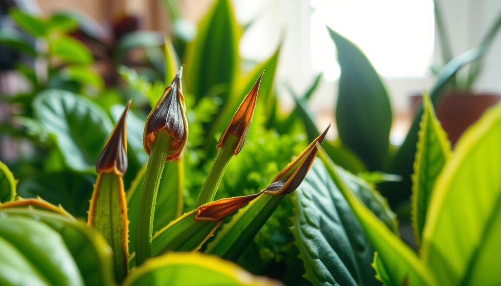Close-up image of a variety of indoor plant leaves, focusing on leaf tips that are turning brown. The foreground features several leaf tips with varying degrees of browning, showcasing textures and color variations (rusty brown, crispy yellow). In the middle ground, lush green foliage surrounds the brown tips to emphasize the contrast. The background is softly blurred to create depth, hinting at a cozy indoor setting with warm, natural light filtering through a nearby window. The atmosphere is serene yet slightly somber, reflecting the focus on plant health. The capture mimics a macro photography style with a shallow depth of field, highlighting the intricate details of the leaves.