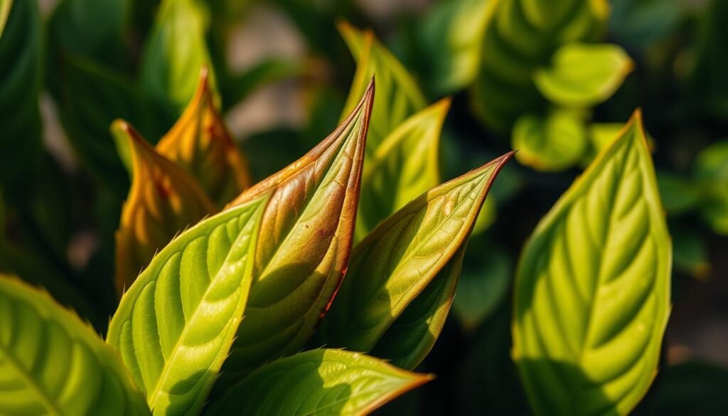 Close-up of the tips of various indoor plant leaves, showcasing subtle browning patterns indicative of stress or overwatering. The foreground features vibrant green leaves with detailed textures, focusing on areas where brown edges meet healthy green. The middle ground includes a blurred background of softly toned, healthy foliage to keep emphasis on the leaf tips. Lighting is warm and diffused, mimicking early morning or late afternoon, casting gentle shadows that enhance the leaf textures. The overall mood is calm and informative, conveying a sense of care and attentiveness to plant health. The angle is slightly tilted from above, allowing a view into the intricacies of the leaf tips without any distractions.