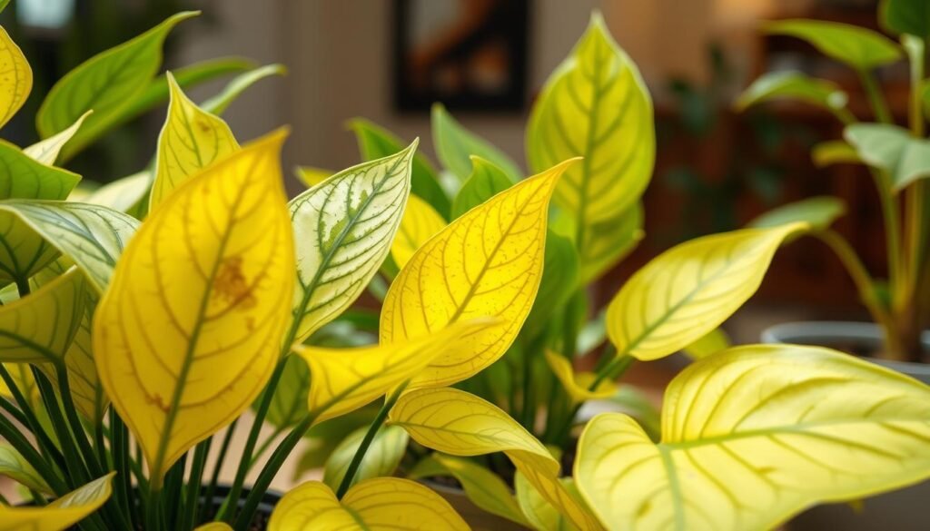 Close-up view of indoor potted plants with distinct yellowing leaves, illustrating various nutrient deficiency patterns. The foreground features several leaves showing shades of yellow, with some having dark green veins, and others exhibiting spots or brittleness. In the middle ground, there are healthy green leaves contrasting the yellow ones to highlight the deficiencies. The background is softly blurred with a gradient of indoor lighting, suggesting a warm and inviting atmosphere. The scene captures subtle textures and details of the leaf surfaces, enhancing the educational aspect of the imagery. Use natural lighting that creates gentle shadows, simulating a cozy indoor environment, viewed through a macro lens to emphasize the details. Close-up view of indoor potted plants with distinct yellowing leaves, illustrating various nutrient deficiency patterns. The foreground features several leaves showing shades of yellow, with some having dark green veins, and others exhibiting spots or brittleness. In the middle ground, there are healthy green leaves contrasting the yellow ones to highlight the deficiencies. The background is softly blurred with a gradient of indoor lighting, suggesting a warm and inviting atmosphere. The scene captures subtle textures and details of the leaf surfaces, enhancing the educational aspect of the imagery. Use natural lighting that creates gentle shadows, simulating a cozy indoor environment, viewed through a macro lens to emphasize the details.