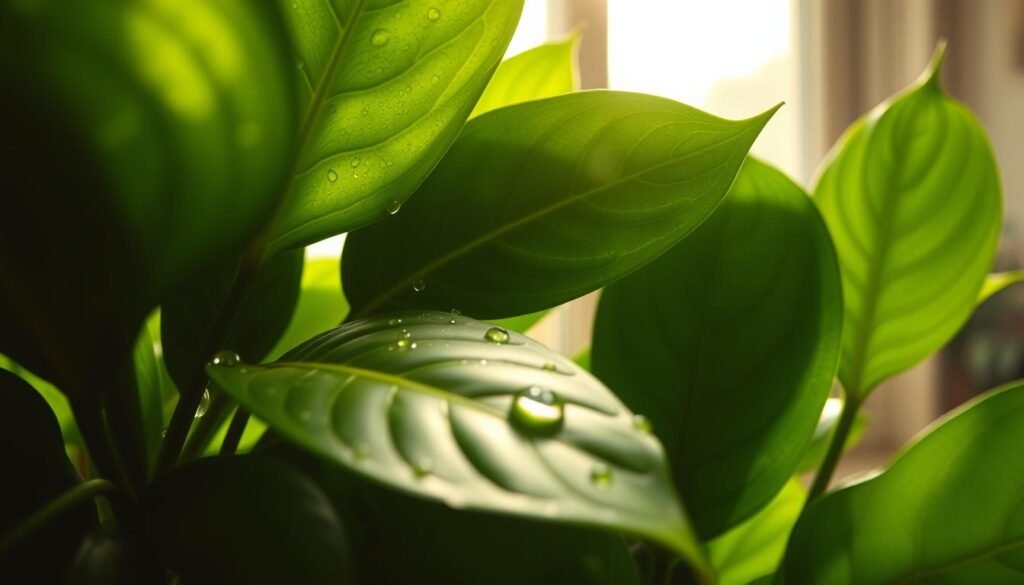 Lush green leaves with delicate droplets of humidity glistening on their surfaces, showcasing freshness and vitality. In the foreground, a vibrant indoor plant, such as a pothos or monstera, displays rich green foliage with pronounced veins. The middle ground features moisture-laden air, subtly shimmering, hinting at the humid environment surrounding the leaves. In the background, soft, diffused sunlight pours through a south-facing window, casting gentle warm light that enhances the plant's colors. The atmosphere is serene and nurturing, embodying an ideal indoor garden ambiance. The scene is captured with a macro lens angle to emphasize the texture of the leaves and moisture, creating a connection to plant care, particularly in relation to humidity and leaf health.