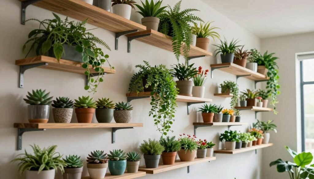 Vertical wall shelves filled with an array of vibrant plants and blooming flowers, arranged creatively to utilize vertical space in a modern indoor setting. The foreground features various shelf levels adorned with potted succulents, trailing vines, and small flowering plants, showcasing diverse textures and colors. In the middle background, a stylish wooden or metal shelving unit extends towards the ceiling, harmonizing with the plants' greenery. Soft, diffused natural light filters through a nearby window, casting gentle shadows that enhance the textures. The overall atmosphere is fresh, inviting, and lively, perfect for a cozy indoor space that celebrates nature. Use a wide-angle lens to capture the entirety of the shelves and plants, emphasizing their vertical arrangement and colorful interplay.