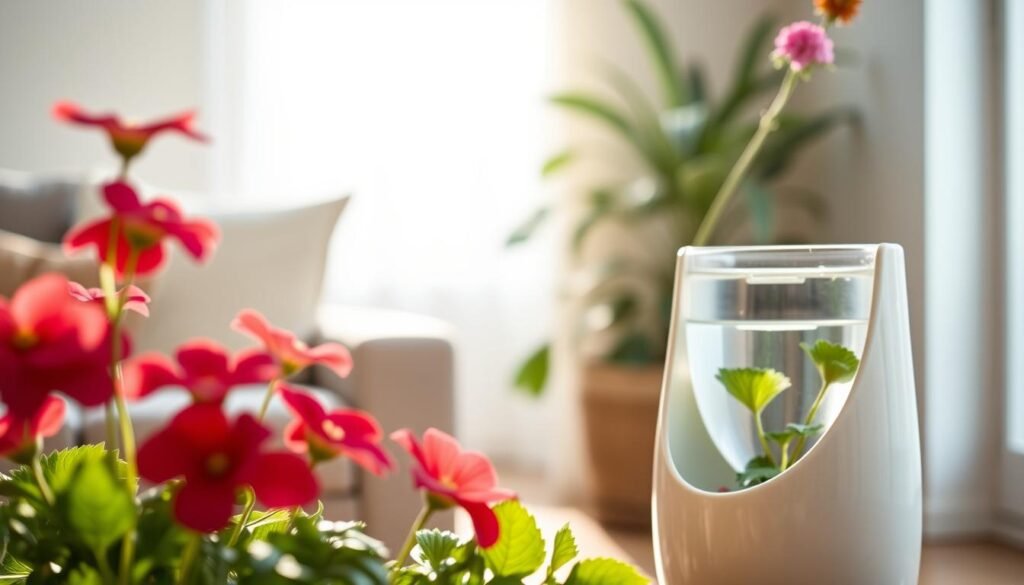 A beautifully arranged indoor scene featuring a modern self-watering planter, elegantly designed with a smooth ceramic finish and a glossy exterior. The foreground showcases vibrant indoor flowers, richly colored petals, and lush green leaves emerging from the planter. In the middle ground, a transparent water reservoir is visible, innovatively integrated, allowing natural light to illuminate the water level. The background includes a softly blurred window with gentle daylight streaming in, casting a warm glow across the room. The overall atmosphere is inviting and serene, ideal for a cozy living space. The focus should highlight the self-watering mechanism subtly, suggesting functionality without overt emphasis. The image captures a harmonious balance between nature and modern design, inviting viewers to appreciate the beauty of indoor gardening.