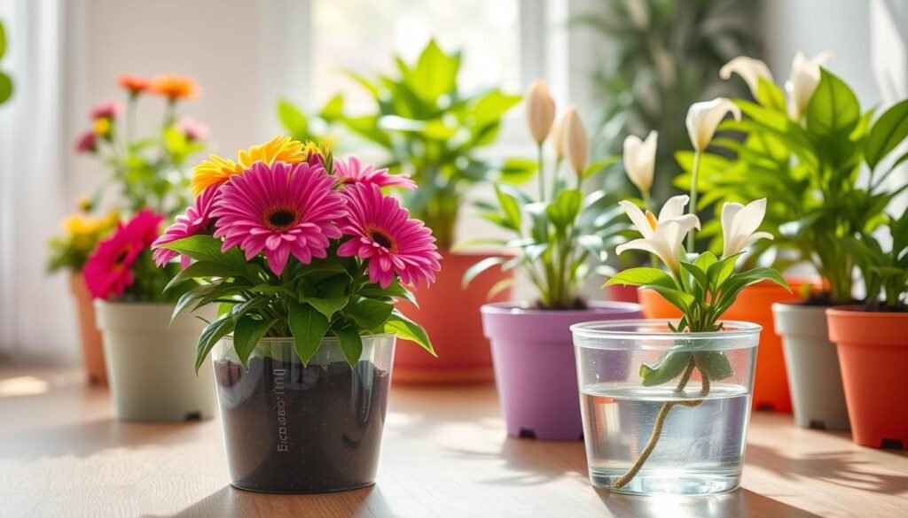 A bright and inviting indoor scene featuring a collection of vibrant self-watering pots filled with flourishing indoor flowers. In the foreground, focus on a self-watering pot with a clear water reservoir, showcasing the innovative design and lush greenery of the flowers, which include colorful gerbera daisies and peace lilies. In the middle ground, arrange more self-watering pots of varying sizes, all displaying healthy plants thriving in rich soil. The background features soft, natural light filtering through a nearby window, creating a warm and serene atmosphere with gentle shadows. Use a wide-angle lens to capture the depth of the arrangement, emphasizing the benefits of self-watering technology. The overall mood should be cheerful and fresh, perfect for highlighting the advantages of self-watering pots for indoor gardening enthusiasts.