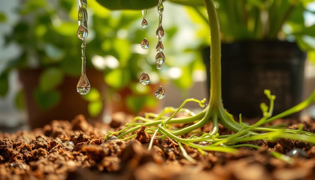 A close-up, artistic shot of droplets of water cascading down into healthy, rich brown soil, nurturing vibrant green roots of an indoor plant. In the foreground, show individual water droplets glistening in soft sunlight, creating a sense of freshness and vitality. The mid-ground should focus on the plant roots delicately spread out in the soil, demonstrating their strength and health, while the background features blurred, lush greenery of other indoor plants, evoking a serene and thriving atmosphere. Use warm, natural lighting to convey an inviting and nurturing mood. The image should be captured from a slight angle to emphasize both the roots and the water's movement, creating a dynamic visual representation of proper watering techniques.