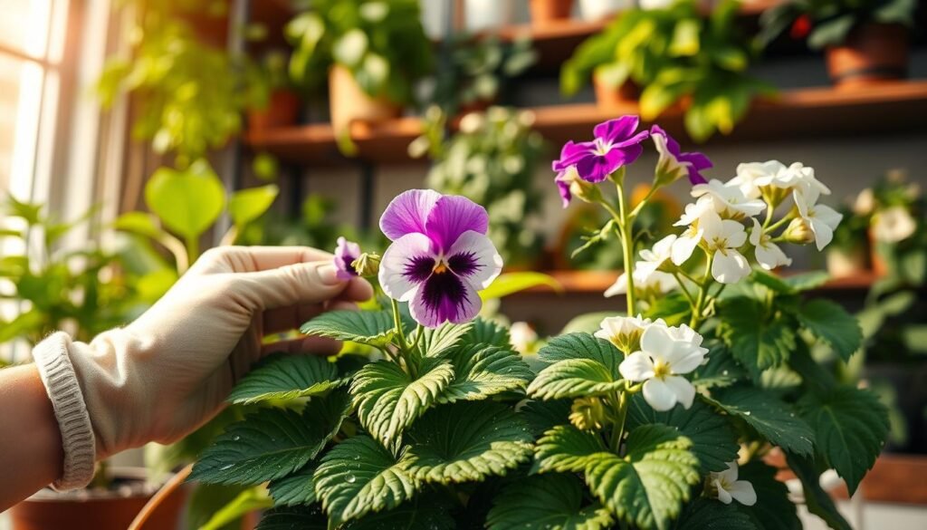 A close-up composition centered on a pair of hands gently deadheading flowering houseplants, focusing on a vibrant African violet and a lush geranium. The hands, wearing simple gardening gloves, pluck faded blooms, showcasing the technique of deadheading. Surrounding the plants are rich, green leaves with droplets of water, indicating recent misting. The background features softly blurred shelves with various indoor plants, hinting at a nurturing indoor gardening environment. The lighting is warm and natural, with soft sunlight filtering through a nearby window, creating a serene and inviting atmosphere. Use a slight tilt-angle lens to emphasize the action, while maintaining a depth of field that showcases the intricacies of the flowers and foliage.
