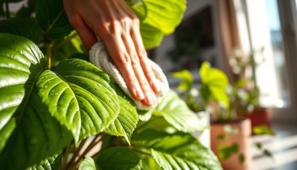 A close-up composition of vibrant, healthy leaves exhibiting various shades of green, showcasing fresh veins and dew drops glistening in natural sunlight. In the foreground, a pair of hands gently cleaning the leaves with a soft cloth, emphasizing care and attention. The middle ground features a small pot with lush indoor plants, and visible signs of pruning, such as trimmed stems, enhancing the feeling of maintenance. The background is softly blurred, suggesting a well-lit home environment with hints of sun filtering through a window, creating a warm and inviting atmosphere. The image conveys a sense of tranquility and nurturing, ideal for illustrating indoor gardening techniques. Use soft focus and a shallow depth of field to enhance the intimacy of the scene.