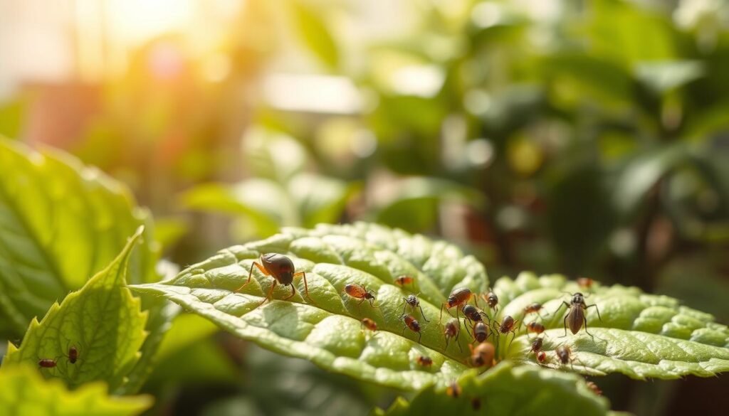 A close-up, high-resolution image of indoor plant pests being treated with neem oil. In the foreground, depict various common pests like aphids and spider mites on the leaves of lush green indoor flowers, focusing on their details such as size and texture. The neem oil should be represented as a light sheen on the leaves, emphasizing its natural properties. In the middle ground, incorporate blurred plant stems and more foliage, creating a sense of depth. The background should be softly out of focus, with warm, natural lighting suggesting a bright indoor environment, mimicking sunlight streaming through a window. The overall mood is calm and informative, highlighting the effectiveness of neem oil in pest control for indoor plants.