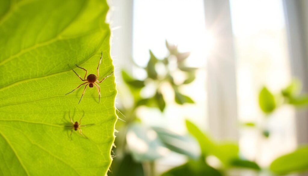 A close-up image of spider mites on the underside of a green leaf, showcasing their tiny, spider-like appearance with fine hairs and a reddish tint. The foreground features an intricate view of a leaf's texture, highlighting the mites in sharp detail, while the middle ground offers a blurred cluster of additional leaves with soft green hues. In the background, an indoor setting with gentle sunlight filtering through a window, casting a warm, inviting glow that emphasizes the fragility of the houseplants. The lighting is bright yet soft, capturing the nuances of the leaf's veins and the delicate movements of the mites. The overall mood is focused and educational, suitable for illustrating common houseplant pests while encouraging awareness of plant health.