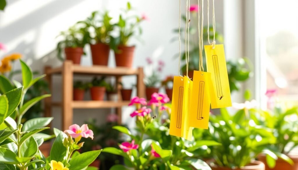 A close-up image of sticky traps used for pest control, prominently placed in a brightly lit indoor setting filled with vibrant potted flowers. In the foreground, several yellow sticky traps hang elegantly, capturing small flying insects, with a variety of lush green leaves and colorful petals surrounding them. The middle ground features a wooden plant shelf displaying additional flower pots, emphasizing plant care. In the background, soft natural sunlight filters through a window, casting gentle shadows and creating a warm, inviting atmosphere. The composition highlights the effectiveness of the sticky traps while showcasing the beauty of indoor flora, focusing on the theme of pest management in plant care.