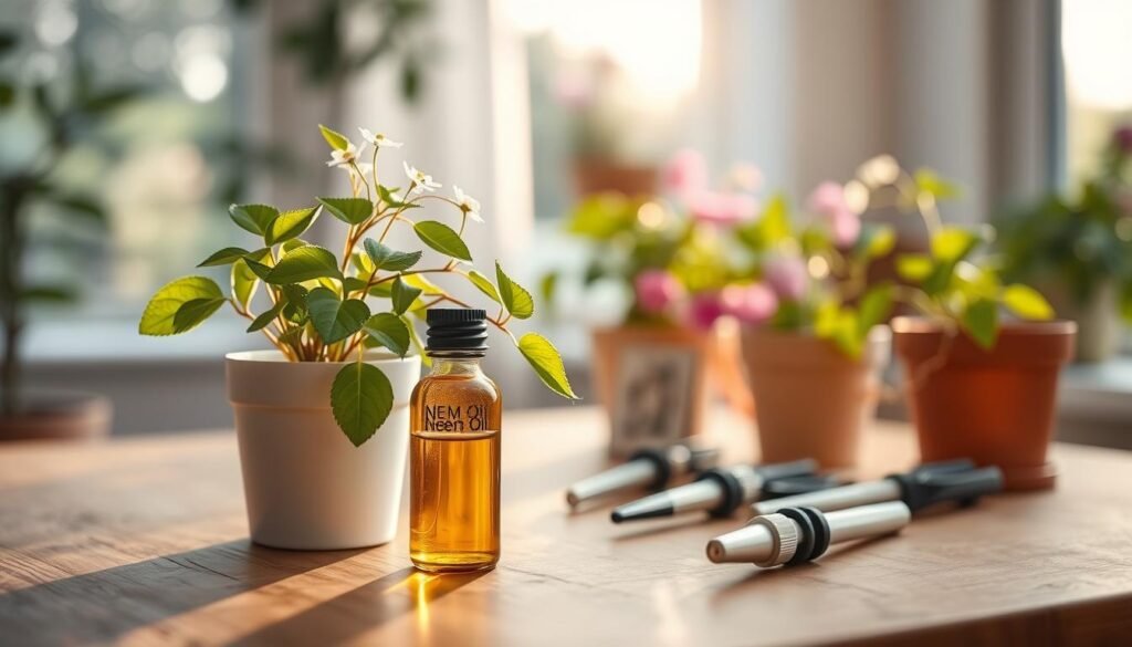 A close-up of a small, elegant indoor potted plant, showing vibrant green leaves and delicate flowers, gracefully positioned on a wooden table. In the foreground, a bottle of neem oil with a dropper sits, glistening in the soft, natural light streaming through a nearby window. The middle ground portrays a crafting space with gardening tools and sprays, subtly conveying a sense of care and nurturing. The background features a blurred view of other flowering plants, creating a lush indoor garden atmosphere. The lighting is warm and inviting, emphasizing a tranquil environment conducive to plant care. The overall mood is peaceful and focused, illustrating a stress-free approach to treating plant pests.