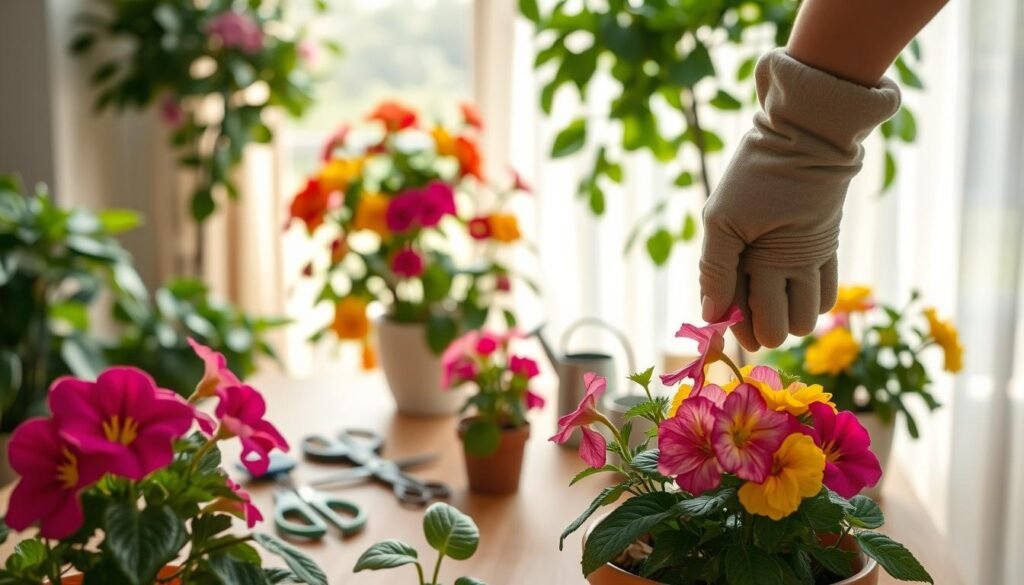 A close-up scene of a person gently deadheading indoor flowering plants, focusing on vibrant blooms like petunias and geraniums. The foreground features a well-manicured potted plant, with spent flowers being carefully pinched off by a hand wearing garden gloves. The colors of the petals vary from deep pinks to bright yellows. In the middle ground, a wooden table is adorned with gardening tools such as scissors, a small pot, and a watering can. The background showcases a softly lit room filled with lush green foliage and some sunlight filtering through sheer curtains, creating a warm and inviting atmosphere. The image should have a soft focus on the person’s hand to emphasize the delicate action of deadheading, highlighting the nurturing aspect of plant care.